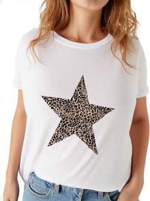 Playera con estampado de estrella cuello redondo manga corta mujer cómoda uso diario primavera verano - Blanco - Ver 2