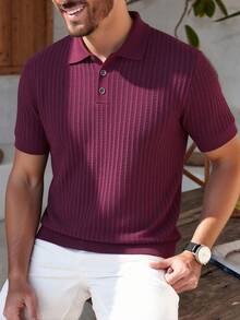 Manfinity Homme 男士纯色 Polo 领休闲短袖针织上衣 - 酒紅色 - 查看 5