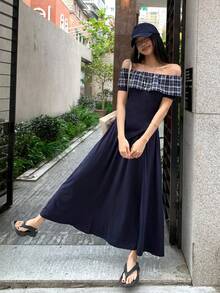 DAZY 女士露肩格子撞色拼接短袖上衣和长裙休闲两件套，性感时尚女士家居服套装，女士短款套装 - 藏蓝色 - 查看 2