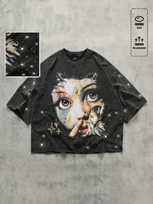 ROMWE MEN Herren Lässig Cartoon Muster Rundhals Kurzarm T-Shirt, vielseitig für den täglichen Gebrauch - Schwarz - Übersicht 1