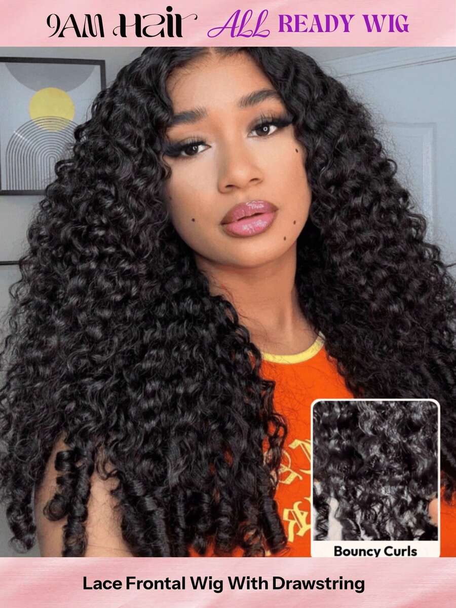 ALL READY WIG 13x4 预剪预拔预漂白自然黑缅甸卷发混合纹理假发，带手指卷曲发尾，适合所有头围，透明蕾丝，100%真人发