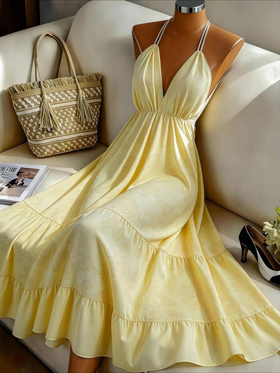 GlowEve Đầm maxi dáng xòe thanh lịch cổ chữ V hở lưng dành cho nữ, thích hợp mặc đi làm hàng ngày. - Màu vàng ngỗng - Xem 1