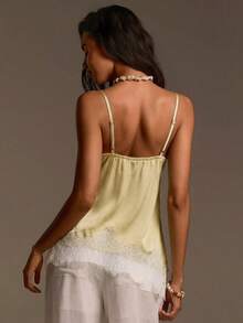 Athîral Women's Casual Asymmetric Spaghetti Strap Off Shoulder Sleeveless Romantic Sexy Blue Lace Blouse - Light Yellow - View 2