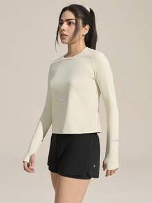 SHEIN Sports 女士反光撞色拼接拇指孔高弹力运动户外T恤 - 杏色 - 查看 7