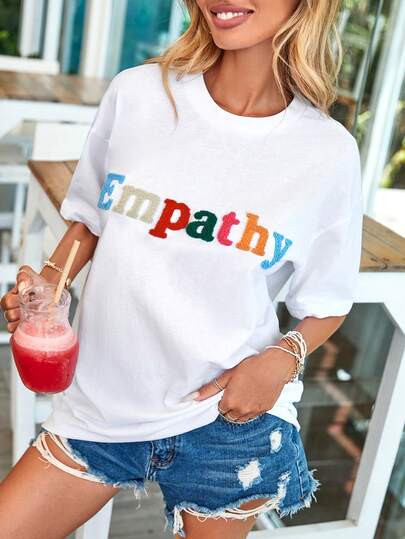 SHEIN Tall Size Boxy Fit Solid White Color Letter Graphic Detailed Drop Shoulder T-Shirt