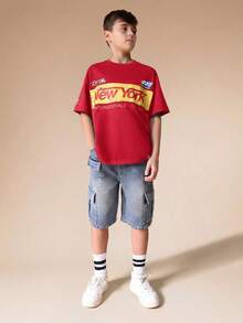 SUMWON Boys New York International Graphic Print Tee Shirt With Racing Style Patches And Text - Red - View 3