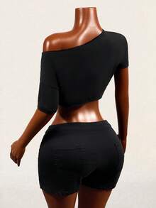 Mistrie 性感不对称露肩宽松短款女式上衣 - 黑色 - 查看 5