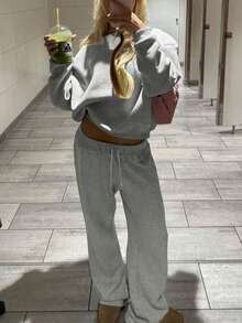 INAWLY 2 件套女士圆领纯色休闲上衣和抽绳腰直筒裤套装 - 淺灰色 - 查看 5