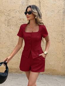 Frenchy Conjunto de 2 piezas de camisa y pantalones cortos de unicolor casual de verano para mujer - Multicolor - Ver 10
