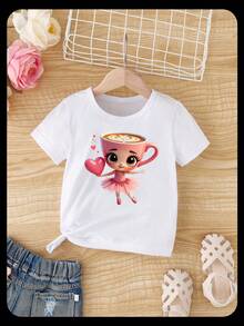 SHEIN Young Girl Casual Fashion Creative Cute Cartoon Kawaii Ballet Girl Heart Graphic Print Relaxed Basic Short T-Shirt, Suitable For Atmosphere Top - White - View 4