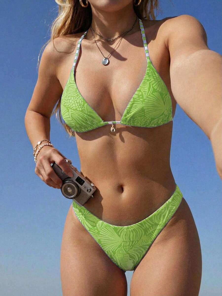 SHEIN Swim Mod 2026 Spring/Summer Beach Shell Print Cute & Sweet Bikini Set - Green - View 1