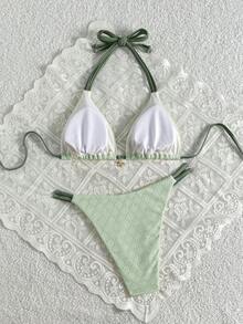 Swim Mod 女士夏季沙滩拼接露背系带性感比基尼和三角泳裤套装 - 彩色 - 查看 2