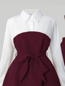 Franclia Women's Color Block Twist Front Long Sleeve Top And Solid Color Split Wide Leg Pants Casual 2 Pieces Set - Burgundy - View 4