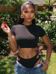 Vaytide Chất rắn Bộ Bikini Ngắn tay Áo thun & Cắt ra Cà vạt Đáy 2 mảnh Bộ đồ tắm - màu đen - Xem 2