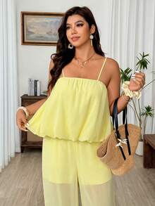 SHEIN LUNE Summer Fashion Solid Color Camisole Top And Pants Set, Plus Size Vacation Casual 2-Piece Outfit For Women - Light Yellow - View 6