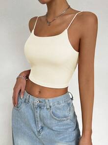 SHEIN LUNE 女士夏季时尚百搭纯色金属扣带加垫短款吊带背心 - 杏色 - 查看 4