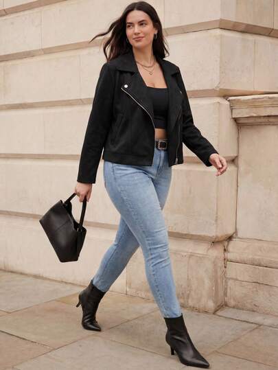 Juhart Plus Size Solid Color Zip-Up Casual Versatile Long Sleeve Jacket Fall Winter Cloth For Women Autumn