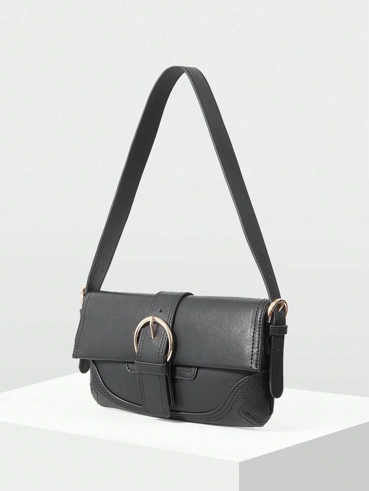 LADIES RETRO PIN BUCKLE FLIP SHOULDER BAG, EXQUISITE VERSATILE BLACK