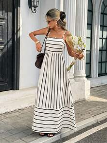 Serisse Đầm maxi nữ kẻ sọc xếp nếp, kiểu dáng thường ngày, thích hợp cho kỳ nghỉ. - Màu be - Xem 8