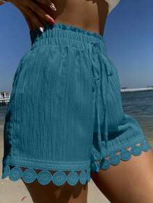 Swim Vcay 1 pièce Tenues de vacances à la plage pour femmes : Cache-maillot avec bordure en dentelle et taille nouée, Top de maillot de bain, shorts - Bleu azur - Voir 4
