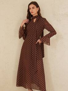 Aveloria Rosie French Retro Elegant Graceful Women Minimalist Versatile Daily Wear Chiffon Contrast Polka Dot Bow Tie Ribbon Flare Sleeve Waist Cinched Flowy Dress - Multicolor - View 4