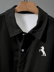 Vacaura 时尚印花 Polo 领短袖休闲百搭衬衫，适合青少年男孩 - 黑色 - 查看 3