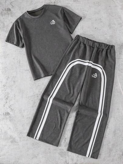 Coolqubz 两件套青少年男童休闲水洗星形印花T恤和阔腿裤，宽松舒适，适合日常穿着、通勤、户外、运动、上学、街头、聚会等场合，适合秋季、春季、夏季穿着。