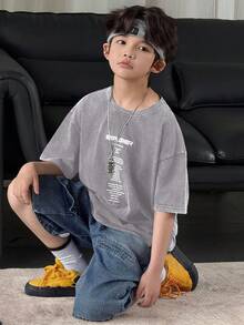 DAZY 男童标语印花圆领短袖休闲T恤 夏季 - 淺灰色 - 查看 2