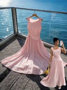 GlowEve Women's Elegant Vacation Flowy Draped Neck Ruched Waist A-Line Dress, Spring/Summer - Pink - View 3