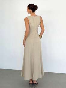 Siren Gaze Women's Sleeveless Solid Color Twist Design Dress, Casual Tropical Jamaican Elegant Evening, Linen Flare, Summer, Vacation Beige Garden Party - Apricot - View 3