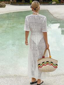 DAZY Women's V-Neck Short Sleeve Lace Fabric Waist Cinched Vacation Style Casual Elegant Dress - White - View 6