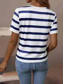 Balvessa Women's Summer Round Neck Striped Design Short Sleeve T-Shirt - Blue - View 2