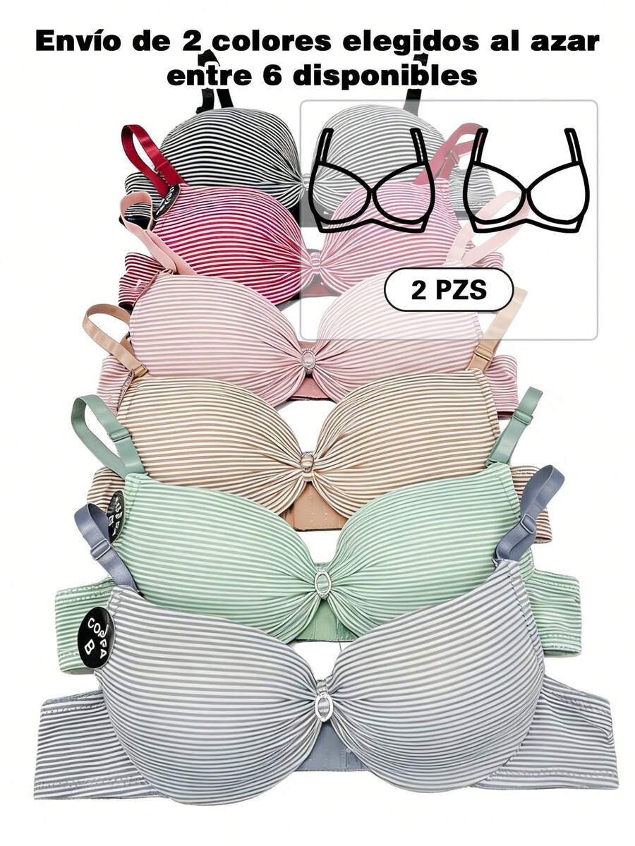 2 Pzs Sostén Push-Up B Cup Sin Costuras con Diseño de Rayas, Sujetadores de Diseño Cómodos y Deportivos, para Tallas Grandes y Pequeñas,Colores Aleatorios - PB862-2Pzs - Ver 1