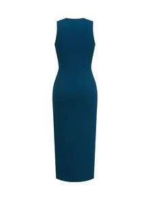 Ellevyn Low Neck Ruched Fitted Elegant Dress - Blue - View 2