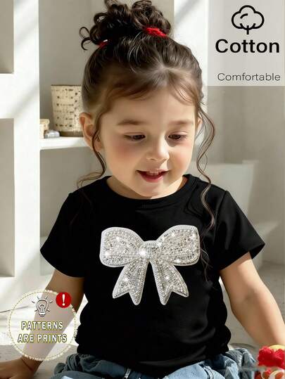 Spring And Summer Casual Fashion Creative Personality Refreshing Minimalist Cute Bow Tie Graphic Print Comfortable Cotton T-Shirt, Suitable For Baby Girls Everyday Wear In Spring, Summer And Autumn