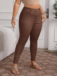 EMERY ROSE Quần jeans nữ cỡ lớn cạp cao ôm sát, kiểu dáng thường ngày, đa năng. - Cà phê nâu - Xem 8