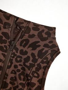 Dewbera Seamless Ribbed High Elasticity Yoga Fitness Casual Daily Sports Leopard Jacquard Jumpsuit - Brown - View 4