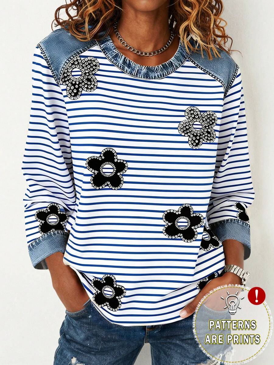 女士条纹牛仔效果印花长袖T恤，夏季 - 彩色 - 查看 1