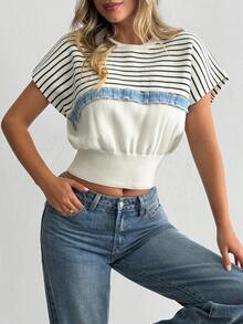 SHEIN Navy Stripe Short Sleeve Denim Jacquard Tshirt Sweater - Apricot - View 5