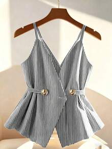 Franclia Women's Casual Striped Button Decor Camisole - Black - View 7