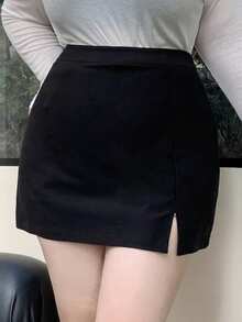 Dazy Plus Falda de línea A de unicolor para mujer de talla grande con dobladillo dividido para el verano, ropa de vuelta al colegio - Negro - Ver 7