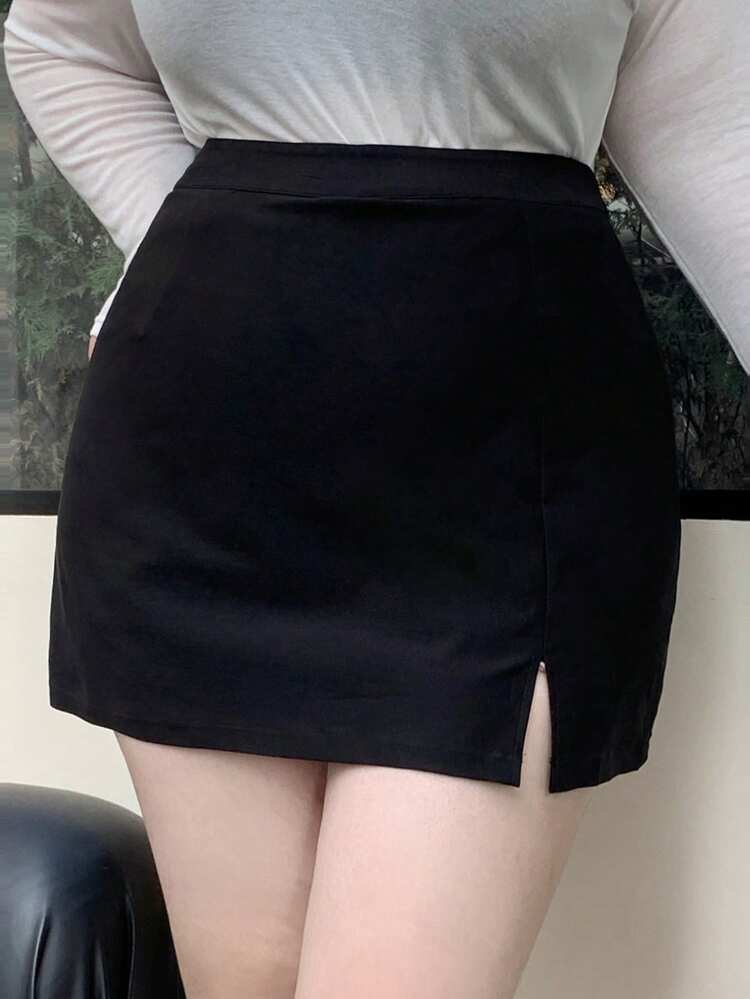 Plus Size Women Solid Color A-Line Skirt With Split Hem Summer,Back To School Clothes