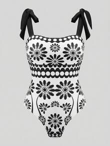 SHEIN Swim Oasis 26SS 春夏度假沙滩波西米亚风绿色碎花连体泳衣及半裙套装 - 彩色 - 查看 9