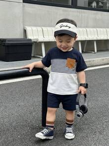 SHEIN 男婴夏季海军蓝白条纹拼接短袖上衣短裤套装，修身舒适设计，适合日常外出、学校活动、家庭聚会、户外玩耍 - 藍色 - 查看 4