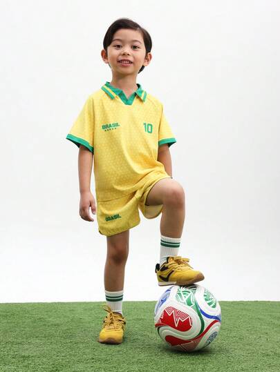 SUMWON Boys Brazil Soccer Jersey Set With Shorts Green Collar Number 10 Yellow Polo Shirt Football Kit Two Piece Outfit Brasil Summer Sports Uniform , World Cup