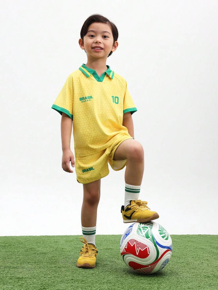 Set di maglia da calcio del Brasile per ragazzi con pantaloncini, colletto verde, numero 10, polo gialla, divisa da calcio in due pezzi, uniforme sportiva estiva Brasile, Coppa del Mondo