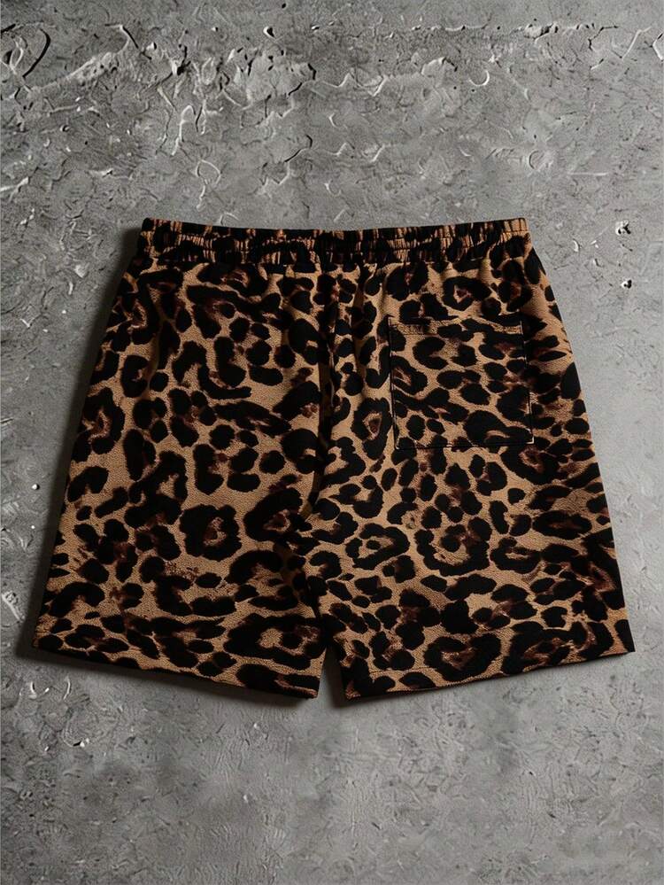 Men Leopard Print Drawstring Waist Shorts Graphic Vacation Shorts, For Husband, Boyfriend Gifts
