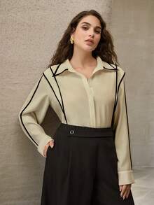 MOTF PREMIUM PLUS SIZE CONTRAST BINDING BUTTON UP SHIRT - Apricot - View 2
