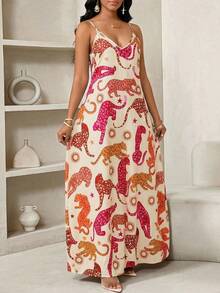 SHEIN Lady 女士豹纹口袋休闲连衣裙，适合度假、夏季穿着，沙滩装，休闲连衣裙，女士度假装，女士长款连衣裙，女士夏季连衣裙，女士假日连衣裙，度假装，女士度假连衣裙，女士夏季套装，女士谈话连衣裙，女士裹身连衣裙，女士惊艳连衣裙，Ycv9w 女士连衣裙折扣码，女士长款夏季连衣裙，女士吊带长款连衣裙，女士豹纹连衣裙 - 彩色 - 查看 4