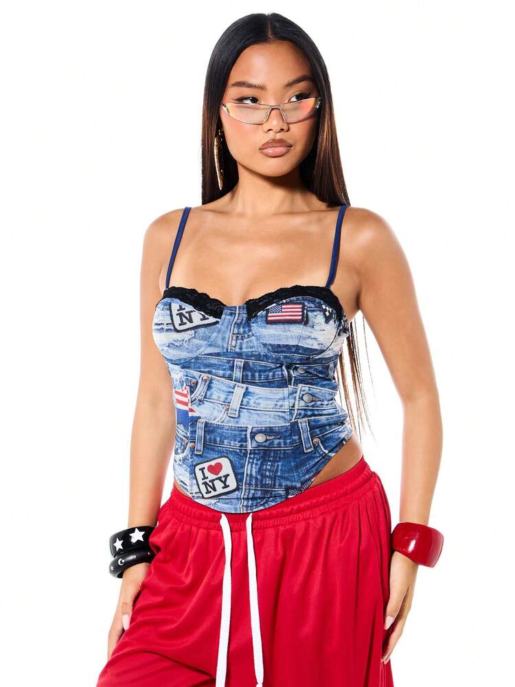 SUMWON WOMEN Denim Print Corset Top With NY Patches Bustier Style Sweetheart Neckline American Flag Detail Strapless Lace Trim Vintage Wash Print Design